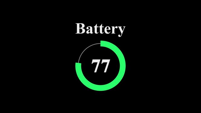 Battery level indicator at 77 percent. Modern circular battery meter on black background. battery charge visualization dashboard element.