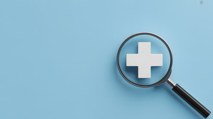 Focus on health with a magnifying glass on a plus sign, discover solutions, research, care