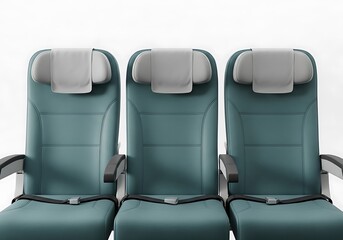 Three airplane seats in a row isolated on white background
