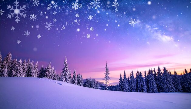 Winter landscape of snow-covered forest under starry sky