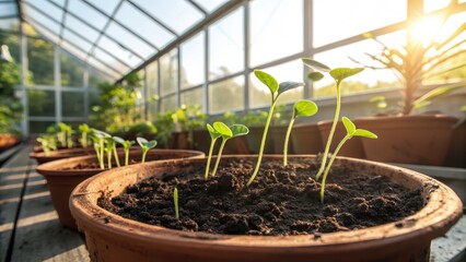 Emerging Green Sprouts Growing From Rich Dark Soil In Pots