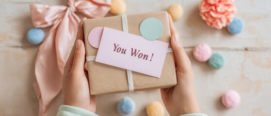 Authentic e-commerce unboxing moment with gamified reward card, confetti coupon, and QR coin for joyful Millennial marketing and social media campaigns