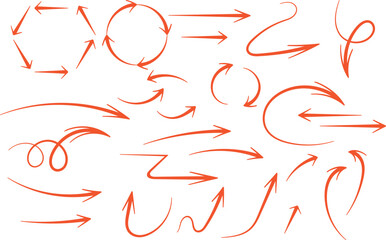Dynamic set of bold orange hand-drawn arrows featuring curved, looping, zigzag, and circular designs with energetic sketch lines
