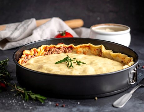 Freshly baked savory pie in a springform pan, rosemary garnish