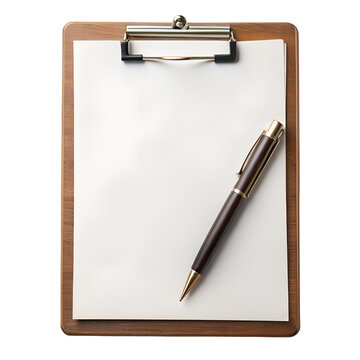 Wooden clipboard with blank paper and a pen isolated on transparent background