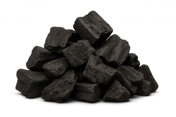 Obraz premium Charcoal pieces forming a pile, ready for grilling or heating. Transparent background for easy integration