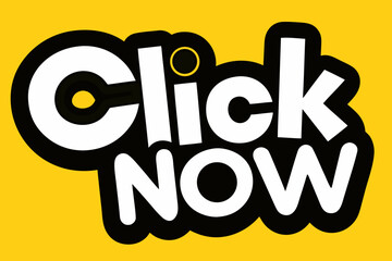 Click now white text on black speech bubble on yellow background, call to action, website button, online shop, ecommerce, marketing