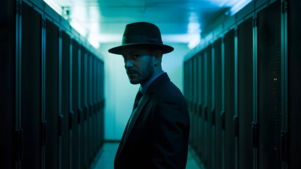 Mysterious man in fedora and suit stands in dimly lit server room with blue glow