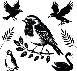 Clean black and white vector illustration of bird icons like 1.eps