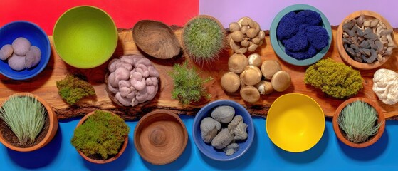 Premium Handmade Pottery Bowls and Fresh Potted Herbs on Rustic Wooden Farmhouse Kitchen Counter for Authentic Organic Lifestyle Marketing