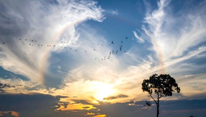 Majestic sun halo with a flock of birds flying amidst cloudy sunset