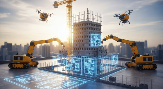 Construction site with building under construction cranes drones and augmented reality blueprints overlayed