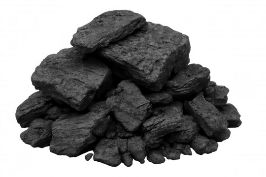 Coal pile concept with black rocks, mineral fuel, and carbon energy for industrial power on transparent background