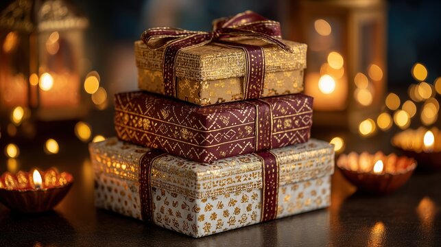 Stack of decorated Diwali gift boxes with glowing diyas and lights
