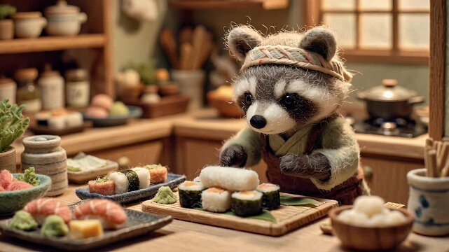 Animated raccoon preparing sushi rolls in a detailed kitchen setting