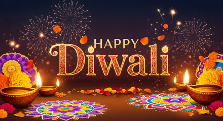 Happy Diwali Greetings with Festive Lights Diyas and Colorful Rangoli Designs