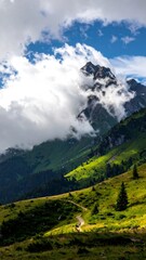 Obraz premium Scenic landscape featuring mountain, path, meadows, and puffy clouds