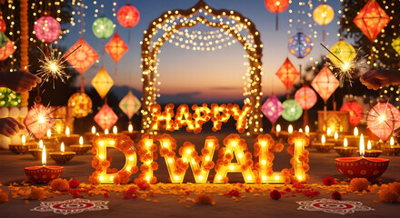 Obraz premium Vibrant celebration of the Diwali festival of lights with glowing diyas decorative lanterns, and floral arrangements under a twilight sky