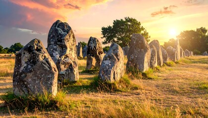 Row of ancient stones at sunset with colorful sky and fields
