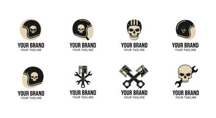 Motorcycle helmet logo designs with skull and brand text elements.
