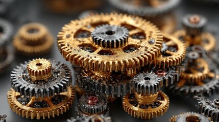 Close-up of vintage gears, showing intricate details and metallic textures in macro style