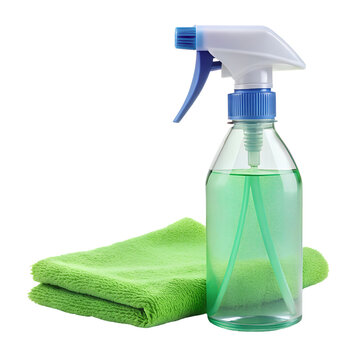 Green cleaning spray bottle with blue trigger and folded green microfiber cloth isolated on transparent background