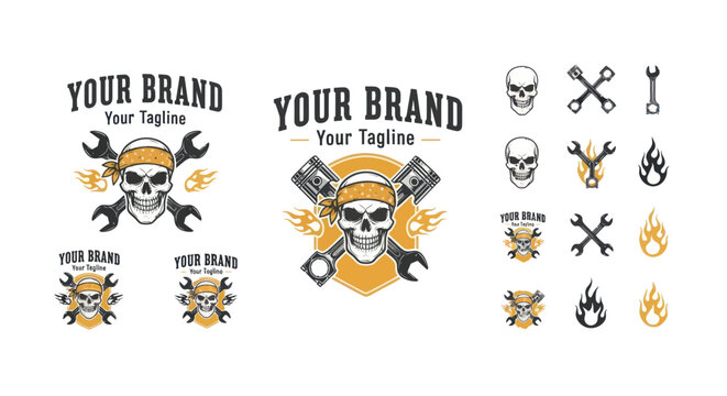 Skull and Wrench Mechanic Logo Design Collection with Customizable Brand Elements.