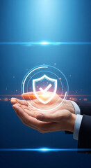 Secure protection concept with glowing shield and checkmark icon floating above cupped hands, symbolizing trust, safety, and digital security in modern technology environment