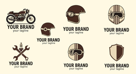 Collection of vintage motorcycle and helmet logos with tools and shield emblems. © Anak
