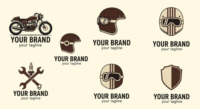 Collection of vintage motorcycle and helmet logos with tools and shield emblems. - Powered by Adobe