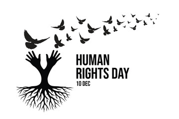 Vector illustration for Human Rights Day with hands shaped as a tree and flying birds symbolizing freedom and peace. Concept design for equality, justice, and humanity awareness.