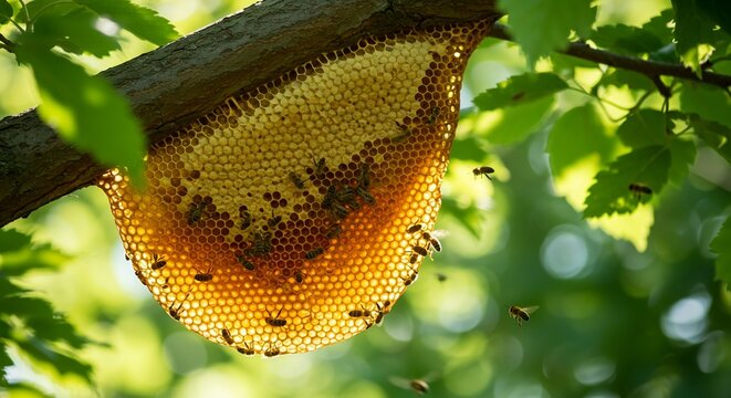 Honey bee collecting pollen from a bright yellow sunflower in a sunny garden