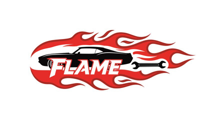Classic Muscle Car with Flames and Wrench Logo.