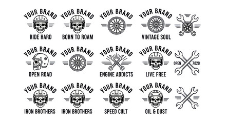 Motorcycle Club Emblem Set Skull Helmet Wrench and Wheel Graphics.