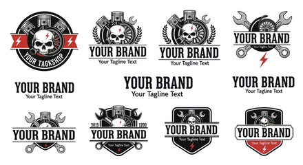 Fototapeta premium Collection of Motorcycle Repair Shop Logos with Skulls and Wrenches.