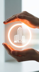 Hands glowing circle modern building protection real estate safety futuristic urban architecture innovation security. image shows hands gently surrounding glowing circle with modern building icon