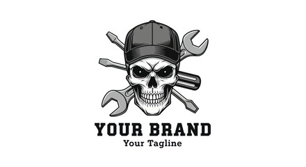 Skull mechanic logo with crossed tools and a cap for a brand.