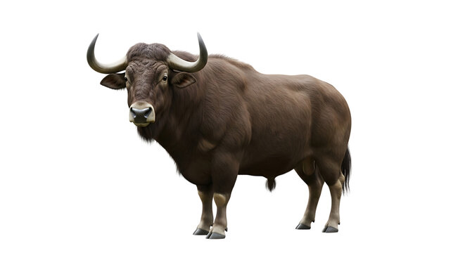 A large brown gaur with impressive horns stands against a black background in a full shot view