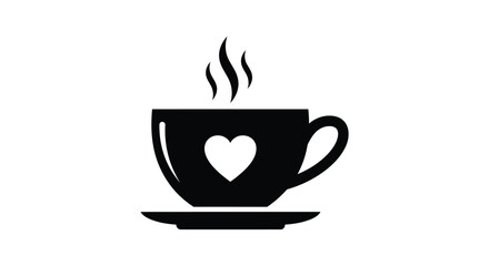 Black coffee cup with heart steam on saucer white