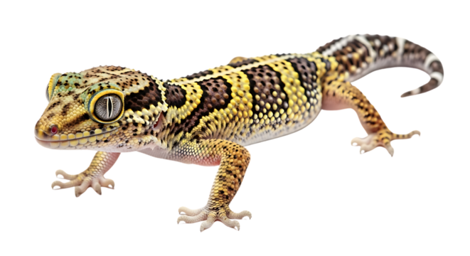 A close up of a leopard gecko with yellow and black markings on a black background in full view