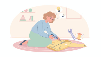 Woman repairing zipper on yellow jacket with pliers embracing DIY and creative solutions