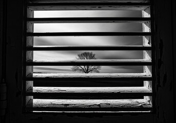 Black and white view through distressed window shutter slats to a solitary bare tree