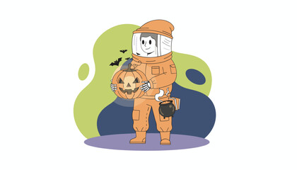 Smiling character in protective suit holds glowing jackolantern with bats  cauldron Halloween fun