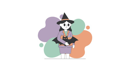 Smiling professional witch with a book and bat ready for magical learning this Halloween