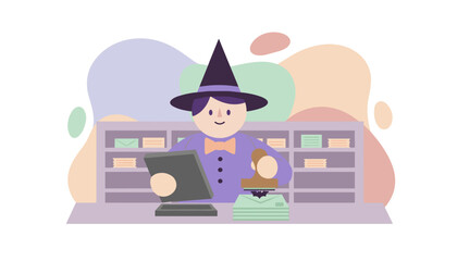Whimsical post office worker with a witch hat stamping letters Admin fantasy concept