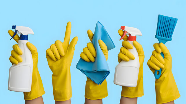 Hands in yellow gloves hold cleaning supplies, ready for a spotless shine and fresh home. - Powered by Adobe