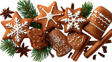 Flat lay of Christmas gingerbread cookies shaped like stars, bells, and snowflakes arranged with cinnamon sticks and pine sprigs, isolated on white background