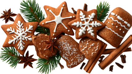 Flat lay of Christmas gingerbread cookies shaped like stars, bells, and snowflakes arranged with cinnamon sticks and pine sprigs, isolated on white background