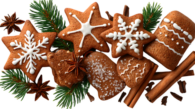 Flat lay of Christmas gingerbread cookies shaped like stars, bells, and snowflakes arranged with cinnamon sticks and pine sprigs, isolated on white background