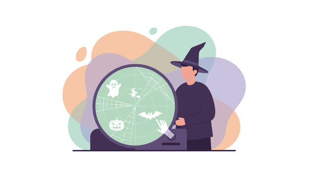 Man in witch hat with Halloweenthemed screen showing spooky icons Great for seasonal promos